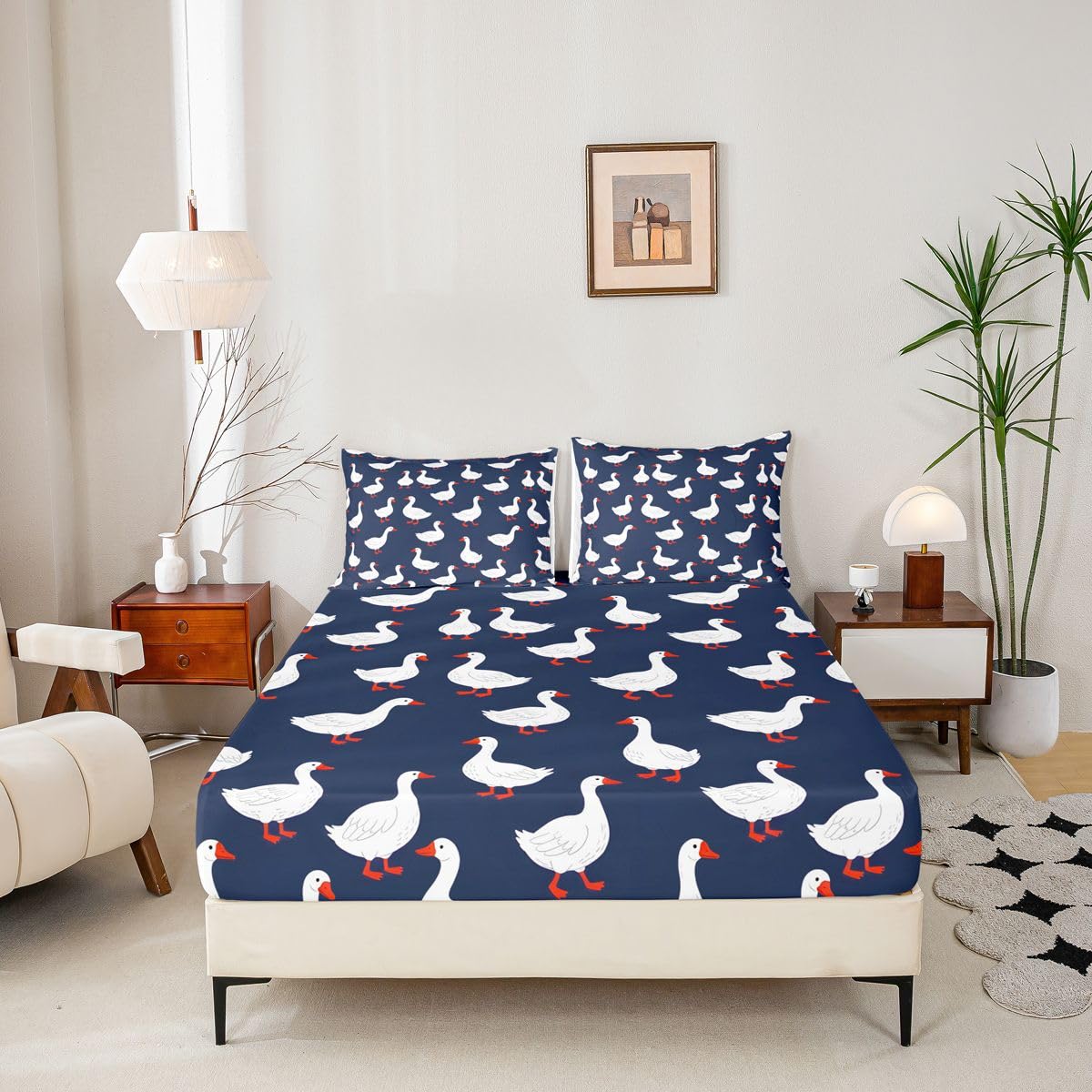 Erosebridal Goose Bed Sheets Set Full Cute Animal Sheet Set White Geese Navy Blue Sheets Funny Kawaii Cartoon Flat Fitted Sheet