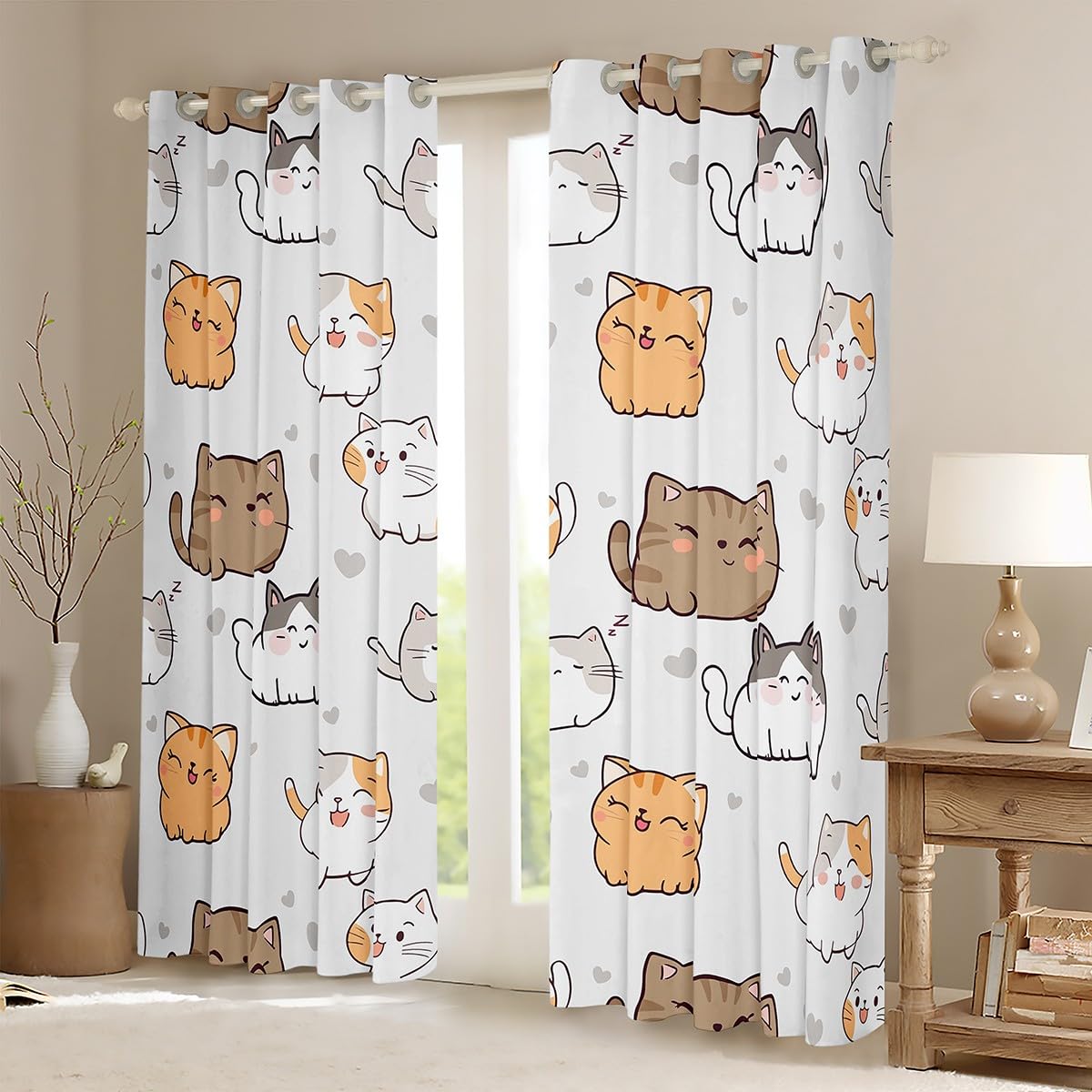 Erosebridal Cute Kitten Curtains & Drapes Kawaii Cat Curtain, Lovely Pet Blackout Curtains Gray Love Print Living Room Treatments, Animal Themed Window Drapes Kids Room Decor