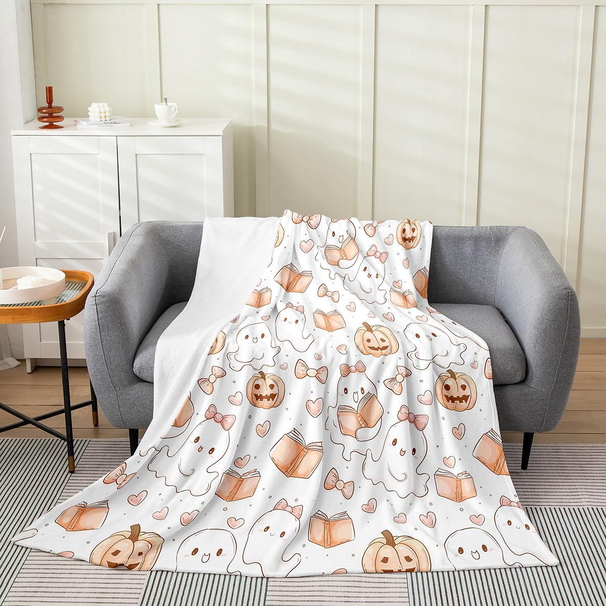 Feelyou Ghost Flannel Blanket Plush Fuzzy Halloween Themed Fleece Throw Blanket for Boys Girls Trick or Treat Plush Lightweight Sofa Throw Spooky Pumpkin 40"x50" for Bed Couch Chair Living Room