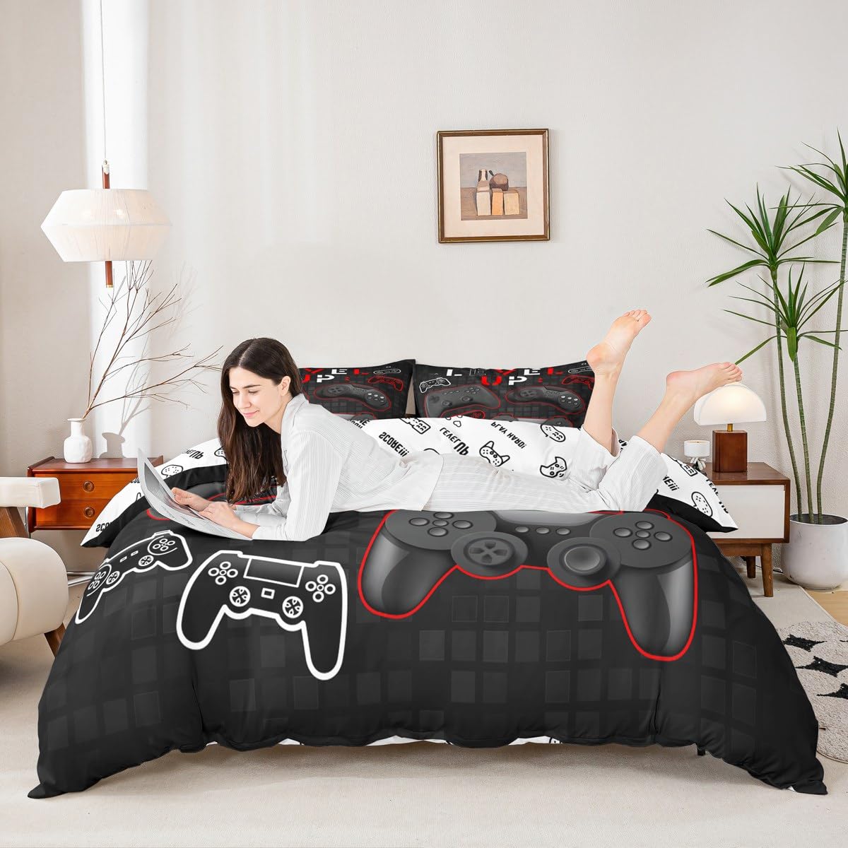 Homewish Gaming Duvet Cover Set King Size,Video Games Comforter Cover 3Pcs,Black White Gamepad Reversible Print Bedding Set for Kids Girls Boys Teens Room Decor,Modern Chic Quilt Cover,2 Pillowcases