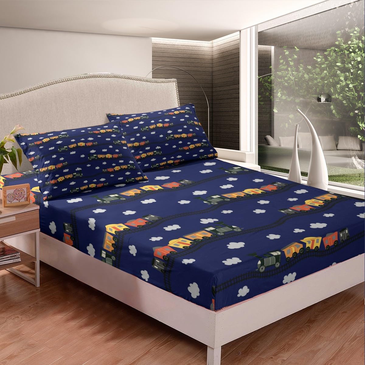 Erosebridal Cartoon Train Sheets Navy Locomotive Train Sheet Set Queen,Smoking Steam Engine Bed Sheets Set for Kids Toddler Cute Clouds Transportation Cars Top Fitted Sheet 4 Pieces