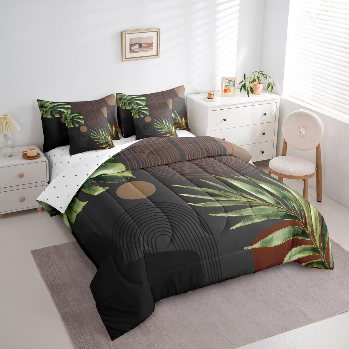 Erosebridal Black Green Brown Boho Full Comforter Set with Sheets, Abstract Mid Century Simple 7 Pcs Bedding Set, Retro Tropical Leaves Bed in A Bag, Modern Minimalist Aesthetic Geometric Bed Sets
