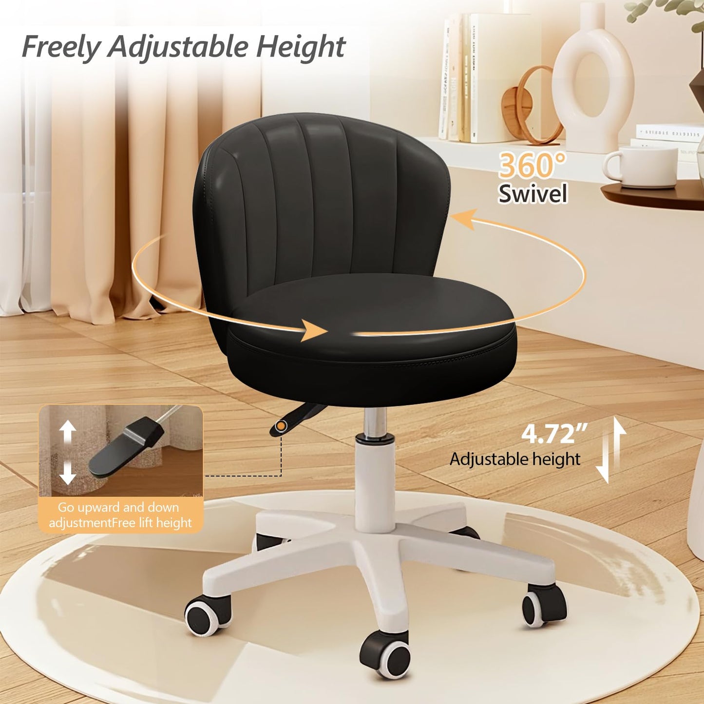 XUEGW Small Scallop Desk Chair with Back, Cute Armless Rolling Vanity Chair with PU Leather, Comfy Office Task Computer Chairs Height Adjustable for Bedroom