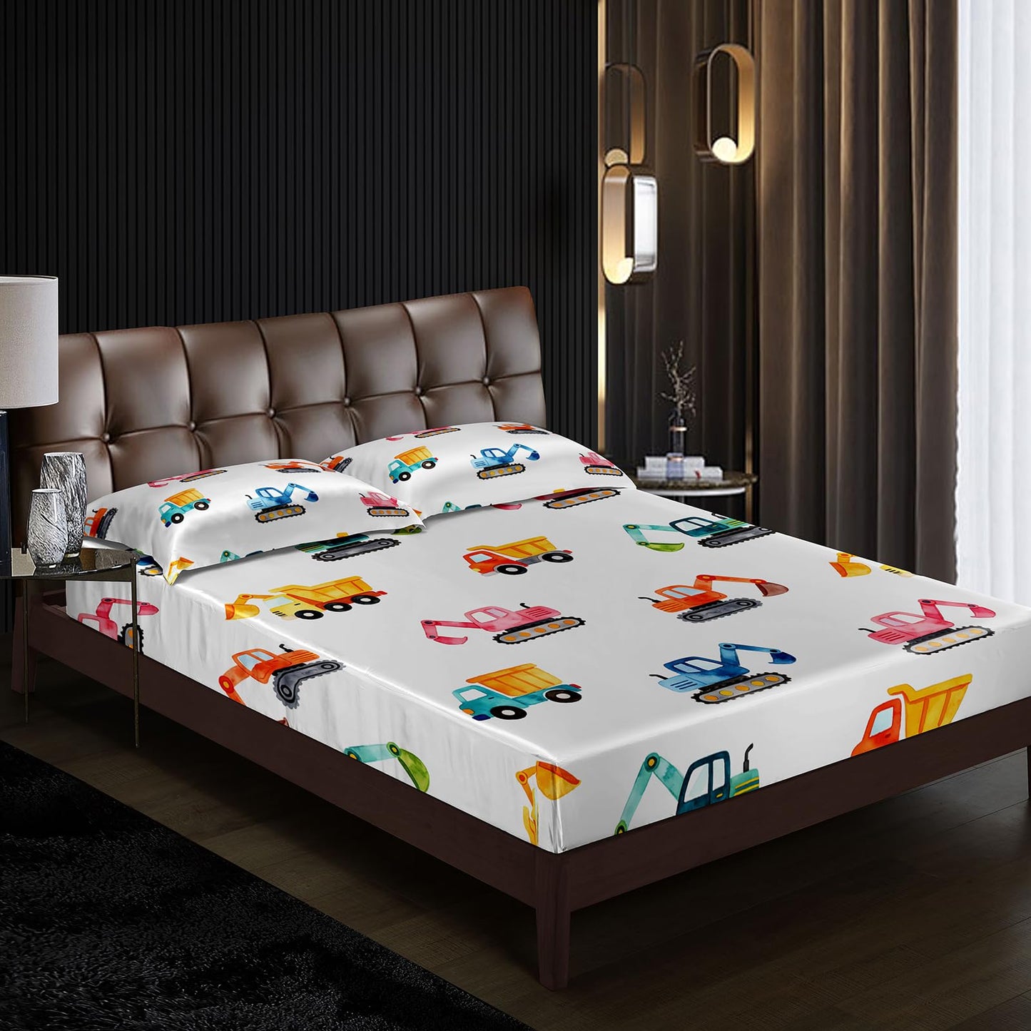 AILONEN Watercolor Construction Truck Twin Fitted Sheet Set 3 Piece,Excavator Digger Bedding with 2 Pillowcases,Boys Nursery Vehicle Linens,16 Inch Deep Pocket Microfiber