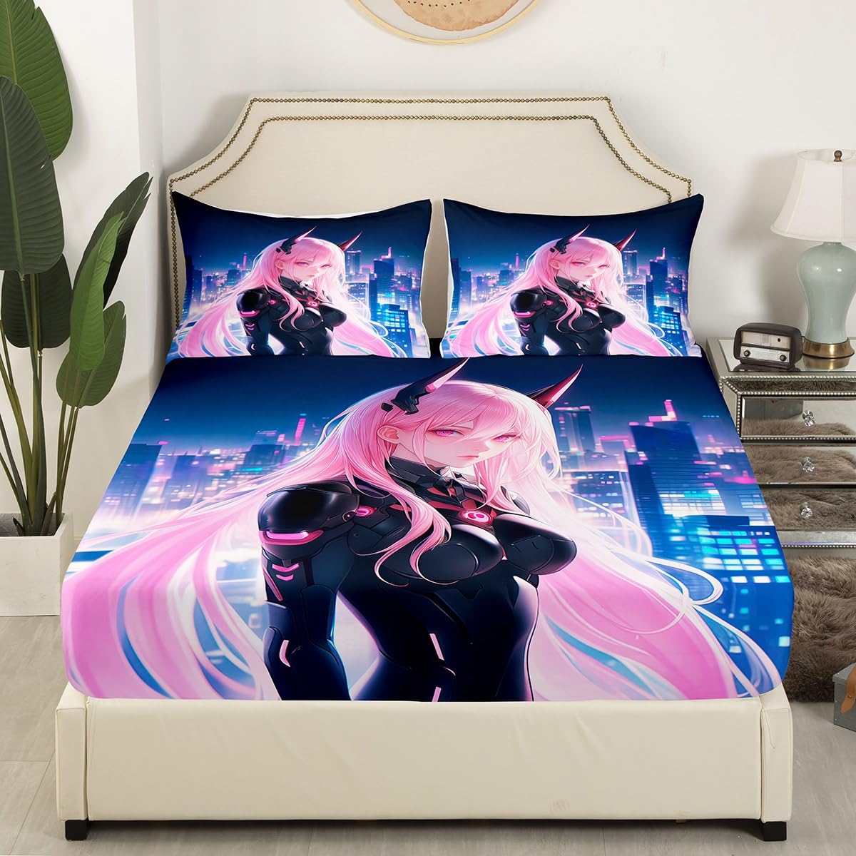 Erosebridal Japanese Anime Bed Sheets Full Size, Anime Girl Fitted Sheet Kawaii Japanese Style Bedding Set Cartoon Japan Animation Bed Set for Boys Teens Adult Women Bedroom Decor