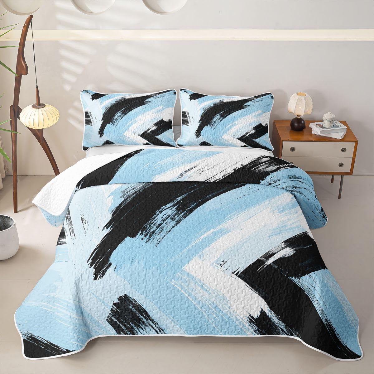 Feelyou Blue Black White Bedding Set Kids Abstract Quilt Sets Queen Size Modern Stripes Bedspread Coverlet for Room Soft Modern with 2 Pillow Case