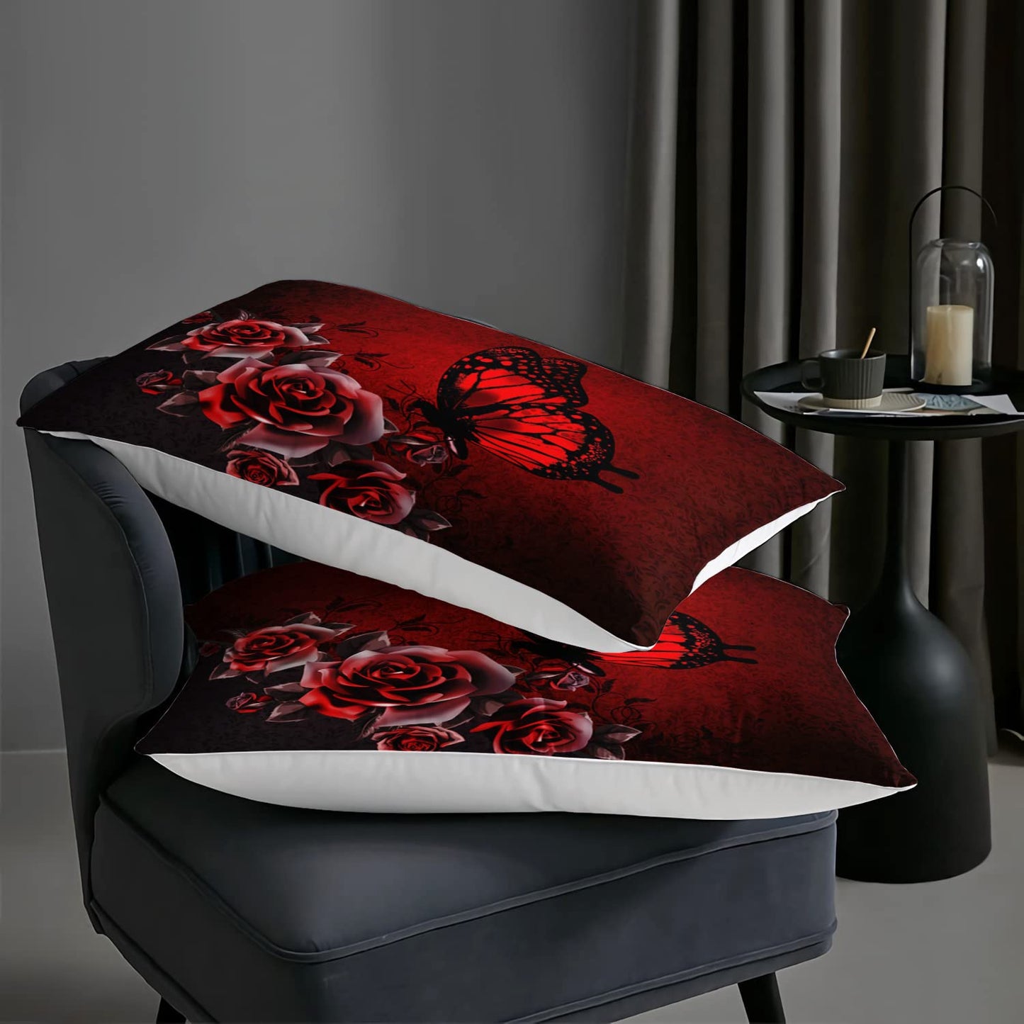 AILONEN Butterfly Comforter Set Queen Size, Red Rose Butterfly 3D Print Style Bedding Set for Teens Girls Women,Butterfly Art Pattern Soft Lightweight Duvet Set 3 Pieces(1 Comforter + 2 Pillowcases)