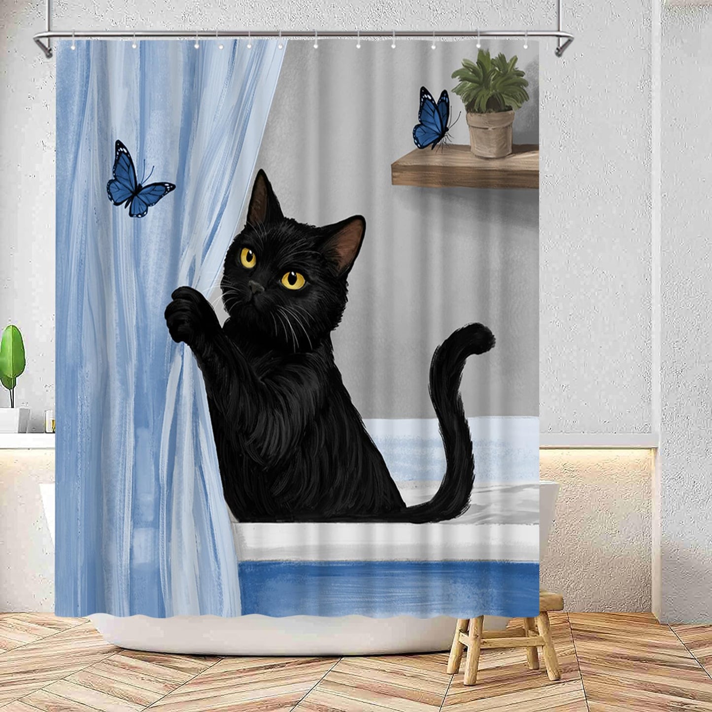 Conipit Cat Shower Curtain Cat with Butterflies Bathroom Curtain, Polyester, 72x72 Inches, Waterproof Bathroom Decor (Blue)