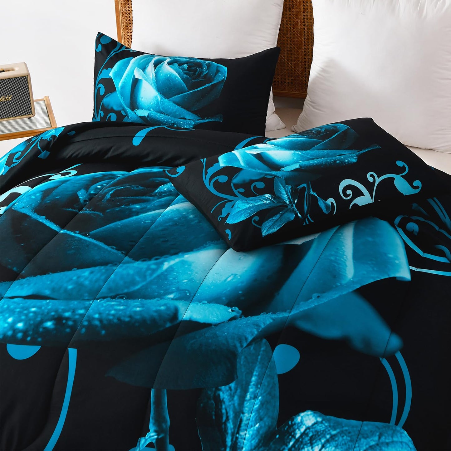 WONGS BEDDING Teal Blue Comforter Set Queen Reversible Teal Rose Pattern Printed Bedding Comforter Set with 2 Pillowcases, Soft Microfiber Filling Bedding Set 90"x90"