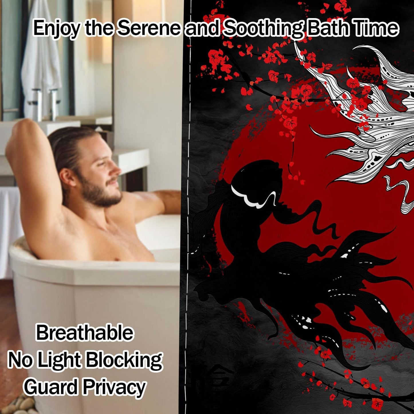 DLTAY Japanese Shower Curtain Black Red Koi Fish Yin Yang Decor 72 x 72 in
