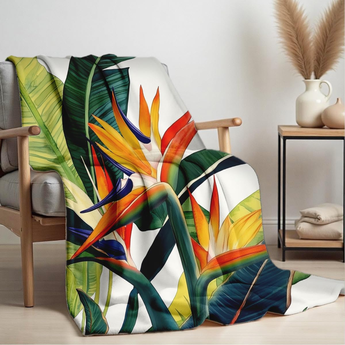 HUNXIAOJ Paradise Throw Blanket Birds Tropical Flowers Print Throw Floral Flannel Blanket for Sofa Bed Couch Office Home Decor Nature Botanical Lovers Gifts (59"x78")