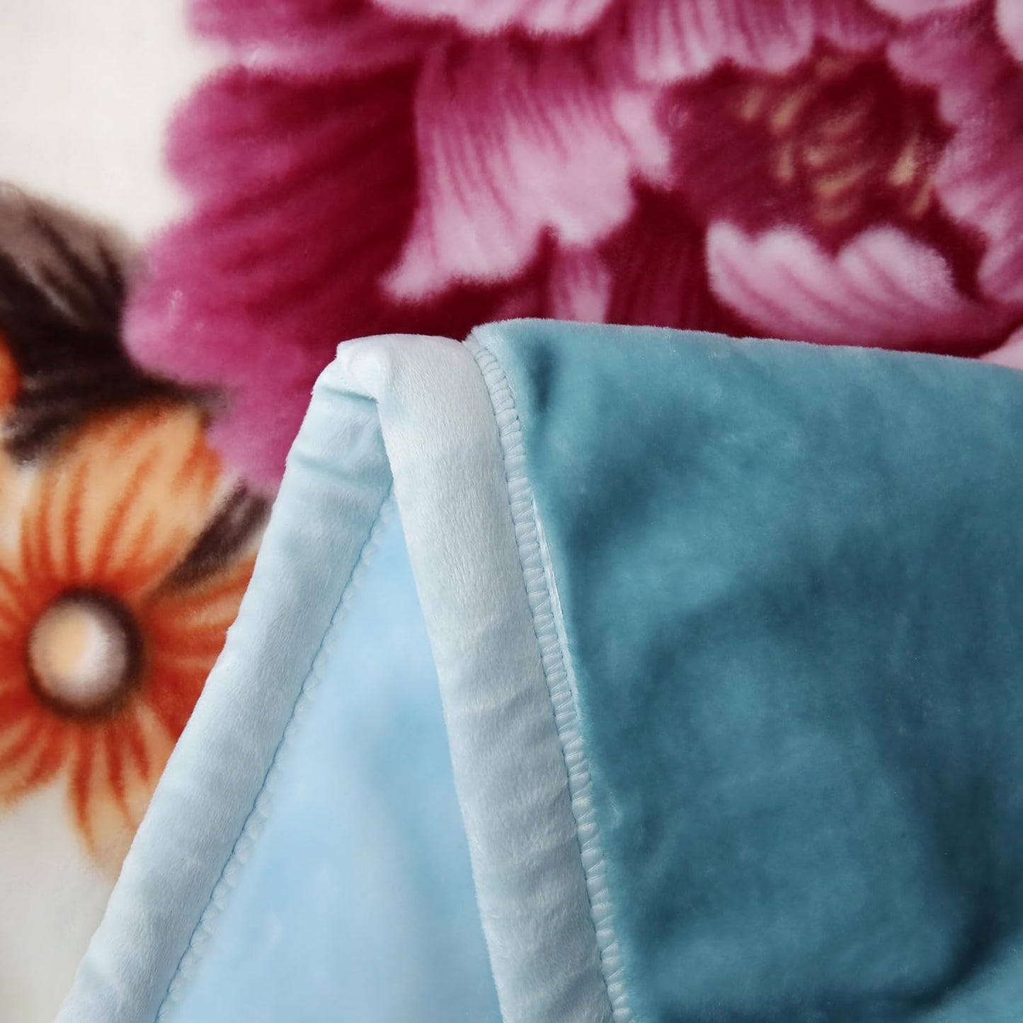 JYK Korean Style Mink Fleece Blanket Queen Size 75" x 87", 5 Pounds - 2 Ply Reversible Silky Soft Plush Warm, Comfy Blanket for Spring Autumn, Winter as Home Decor - Blue/Purple Peony