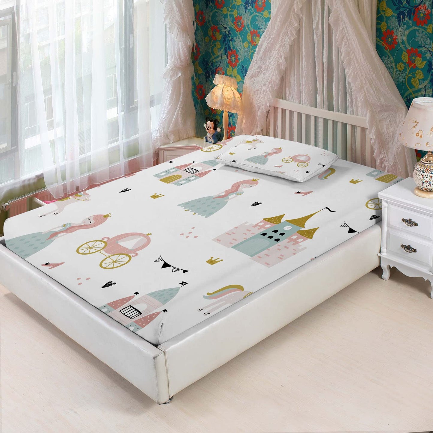 MUSOLEI Princess Fitted Sheet Set Cute Girl Castle Sheet Girl Bed Sheets Girls Teens Kids Bedding Set 1 Deep Pocket Fitted Sheet with Pillowcases Microfiber (Princess, Twin)