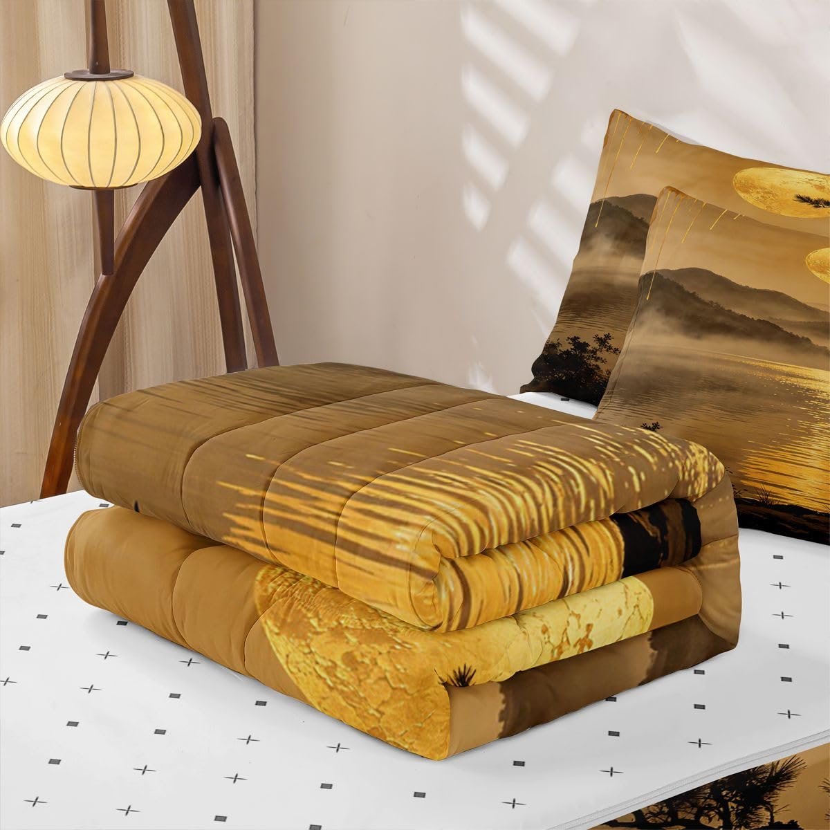 Feelyou Landscape Zipper Bedding for Kids Sunset Full Comforter Set with Fitted Sheet 2 Pillowcases Japanese Bed in a Bag Soft Lightweight Microfiber
