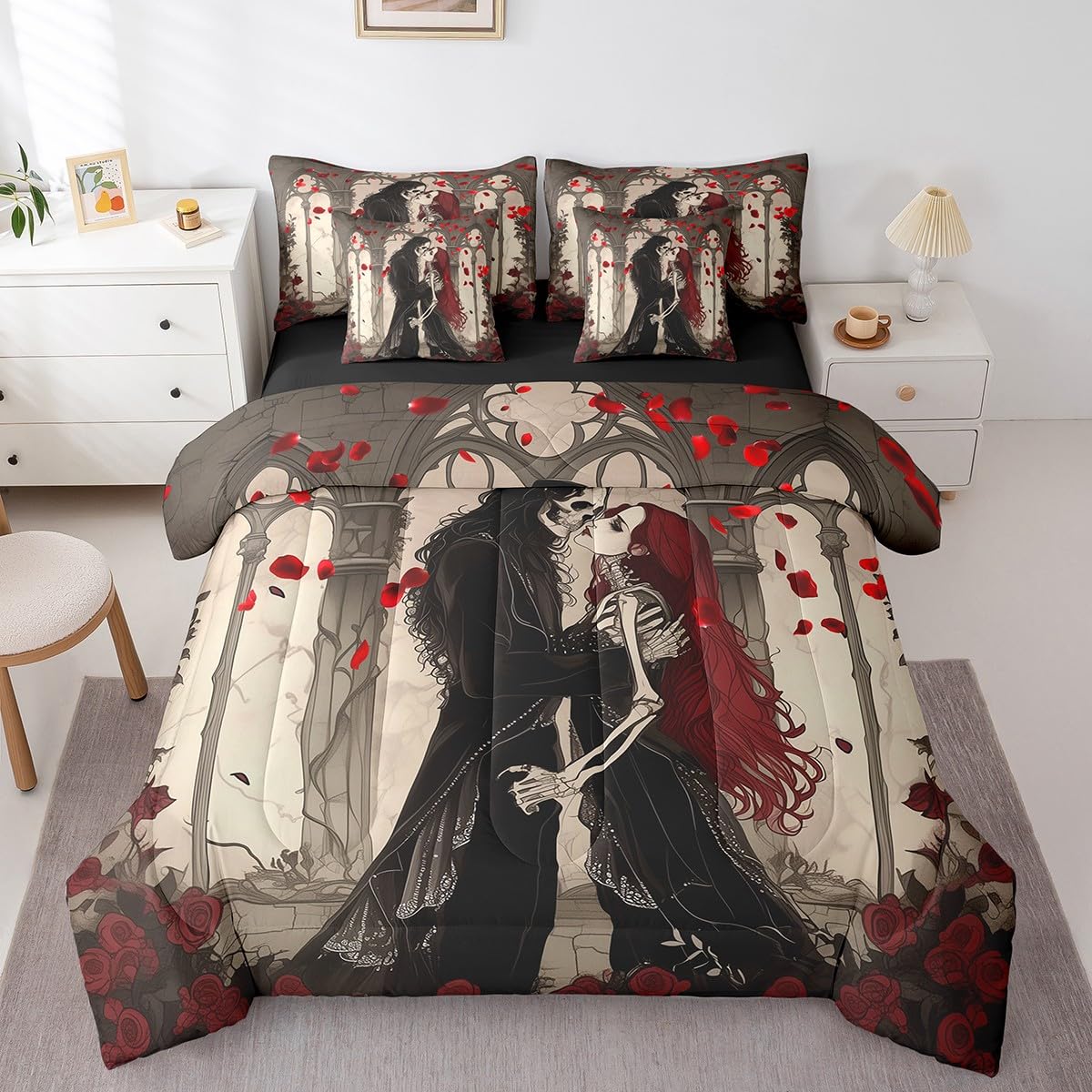 Erosebridal Couple Skull Comforter Set Romantic Valentine's Day 7 Piece Bedding Set Full Size for Adults Men Women,Gothic Skull Skeleton Bed in A Bag Skeleton Lovers Sheet Set with Comforter