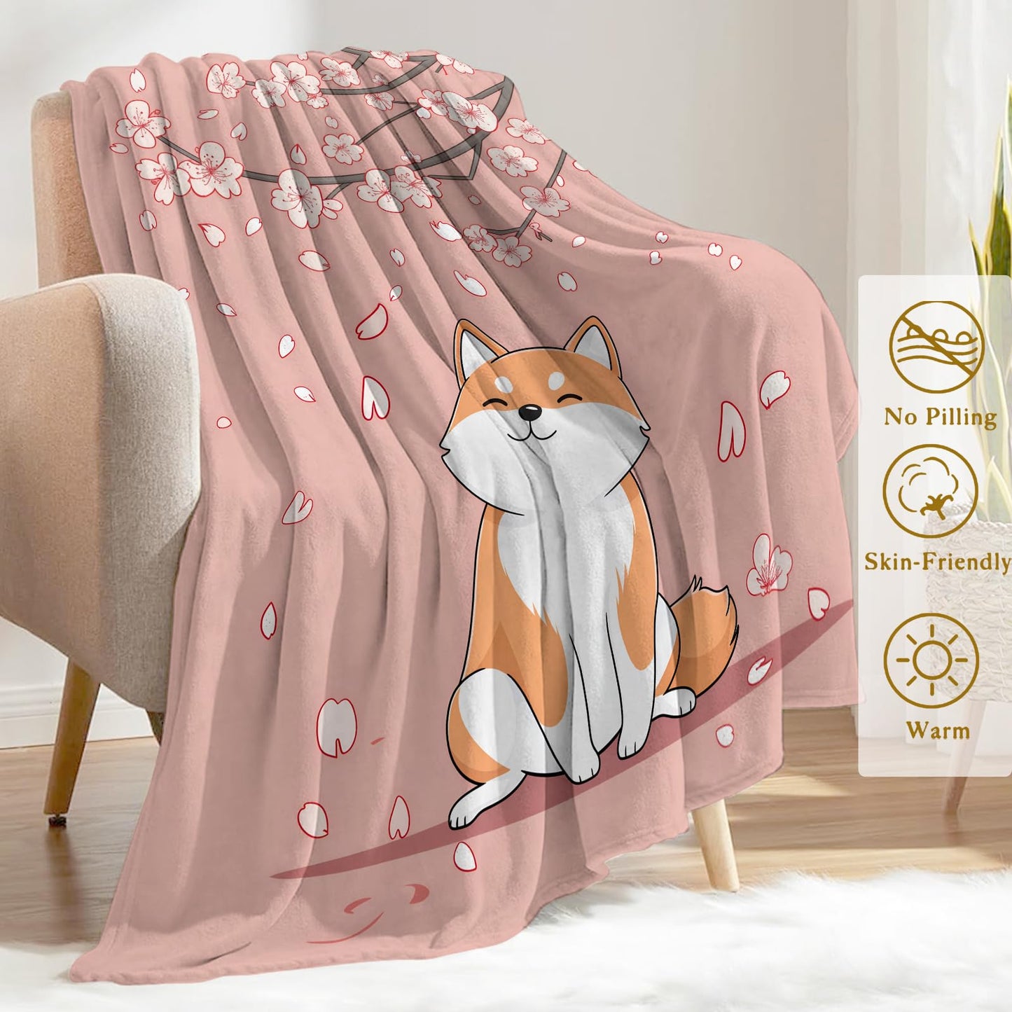 ainori Shiba Inu Flannel Blanket - Lightweight Soft Cozy Gifts Blankets for Dog Lovers, Kids, Women, Cute Pink Cherry Blossom Art Japanese Puppy Style Throw,Elegant Home Room Modern Decor 50x60in
