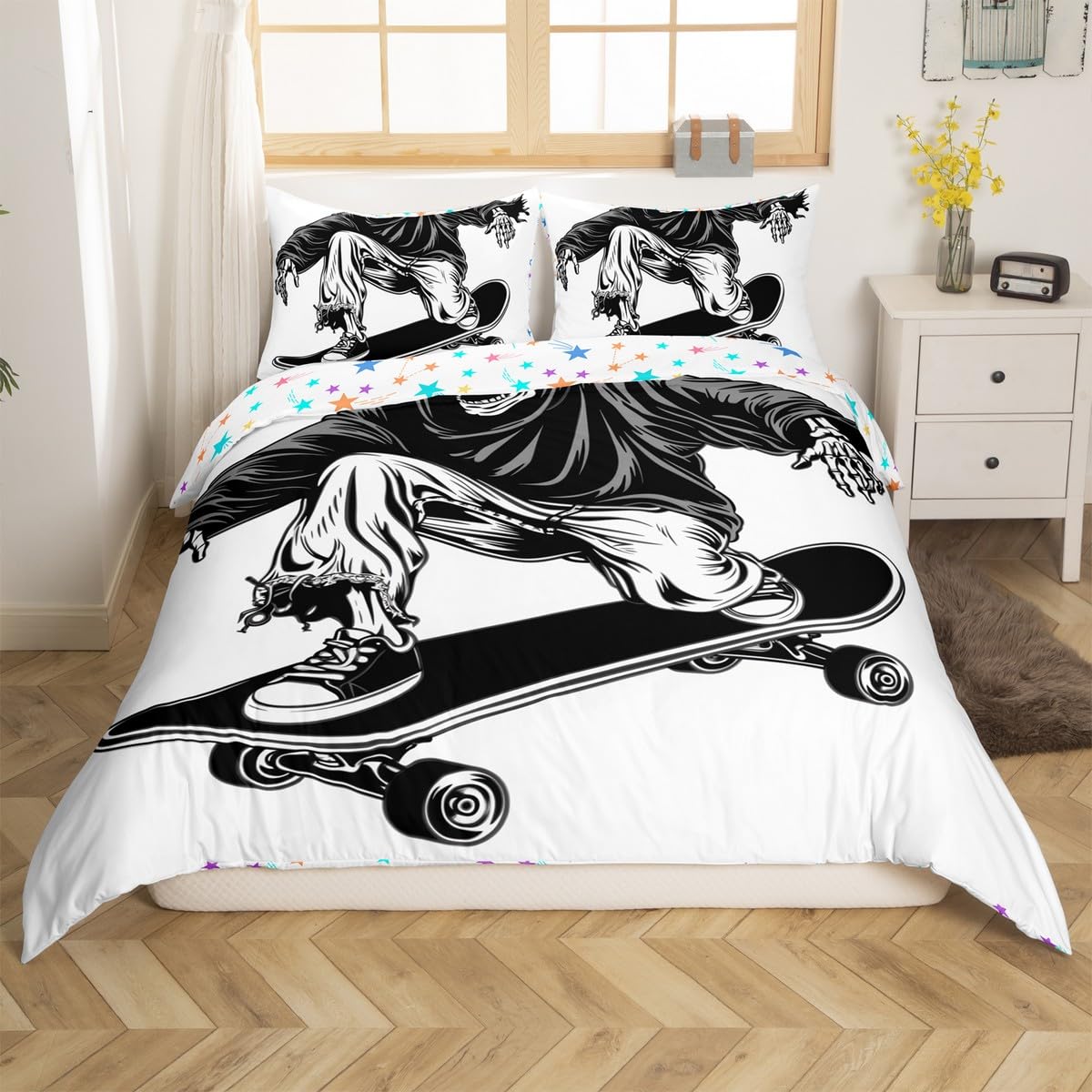 Feelyou Cool Sugar Skull Bedding Set Queen Size Kids Skateboard Comforter Cover Set for Boys Girls Teens Hip Hop Street Culture Duvet Cover White Halloween Theme Bedspread Cover（No Comforter