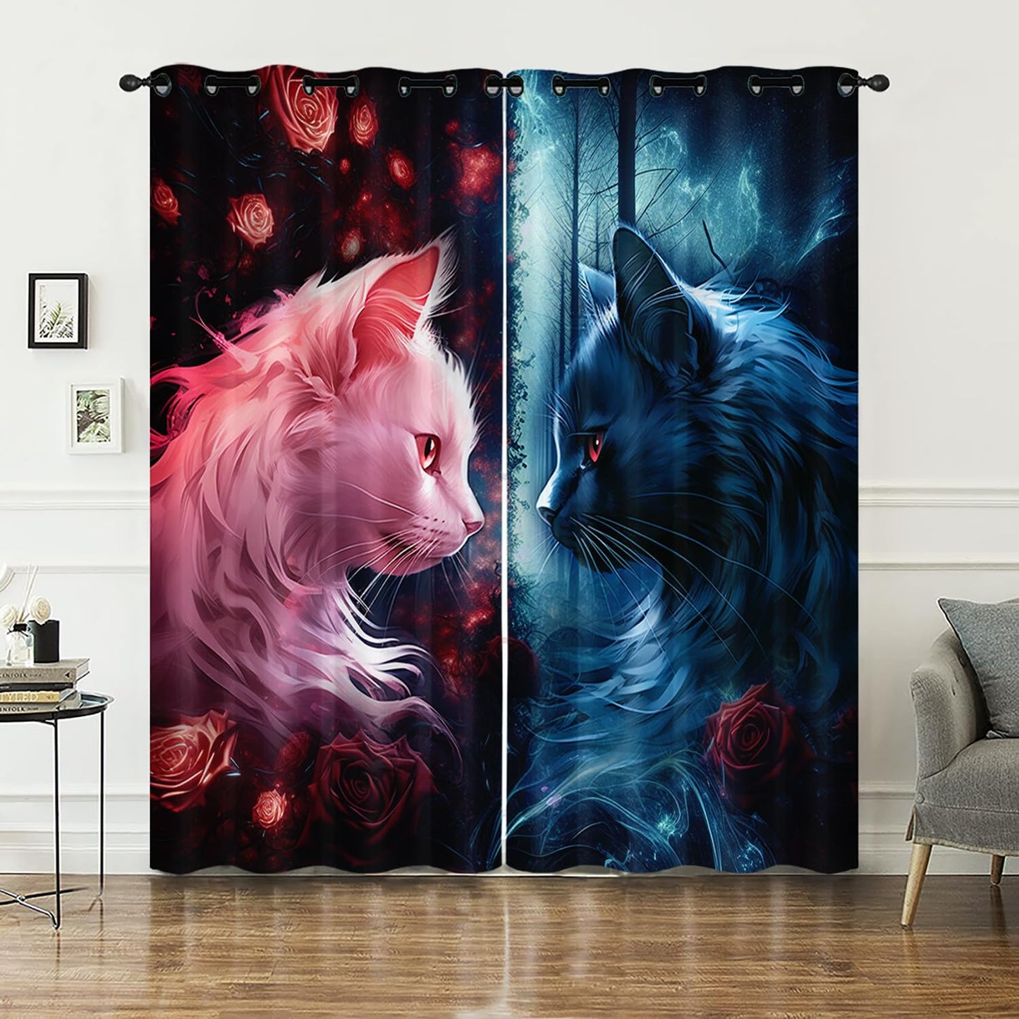 AILONEN Kids Bedding Black Red Cat Window Curtains for Girls,Boys Room Decor,Cat Lover's Animal Theme Design Curtains Drapes,Red Rose Window Treatments Drapes, 38" W x 45" H 2 Panels
