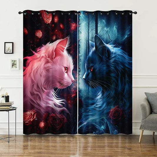 AILONEN Kids Bedding Black Red Cat Window Curtains for Girls,Boys Room Decor,Cat Lover's Animal Theme Design Curtains Drapes,Red Rose Window Treatments Drapes, 38" W x 45" H 2 Panels
