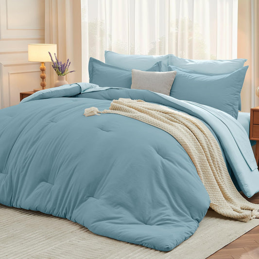 MUXHOMO 7 Pieces King Comforter Set, Soft Bed in a Bag King Size, All Season Bedding Set with Comforter, Flat Sheet, Fitted Sheet, Pillowcases & Shams, Mineral Blue & Light Blue