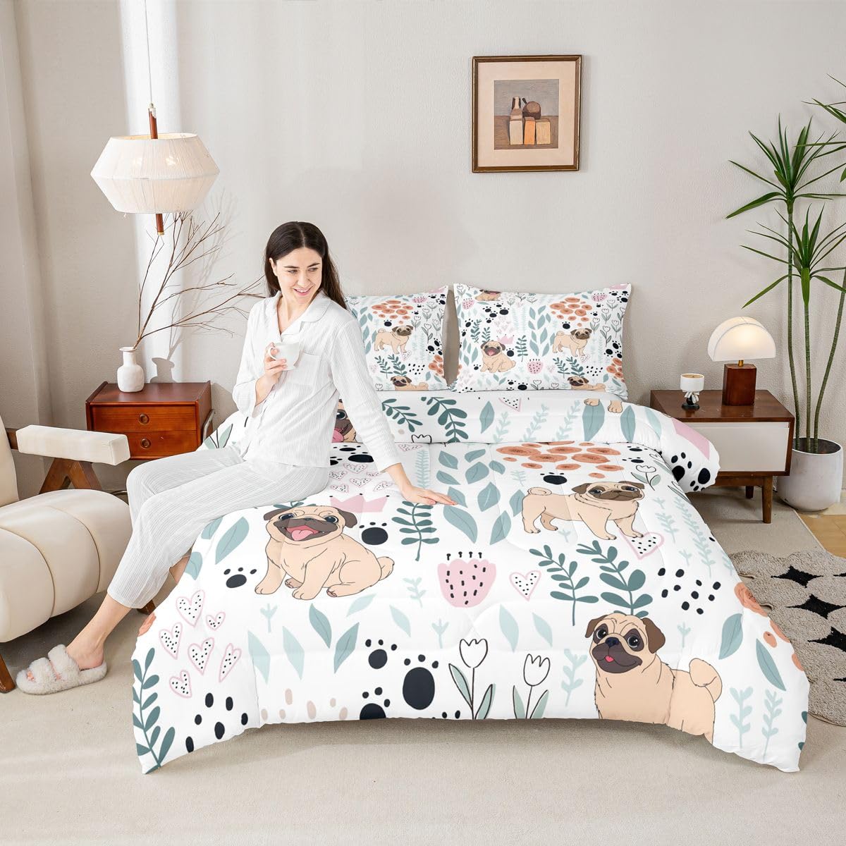 Erosebridal Kawaii Dog Bedding Set,Cartoon Pug Dog Comforter Set Twin,Cute Love Heart Leaf Flower Comforter Set for Kids Girls Boys,Paw Print Pet Animals Quilt Duvet Insert with 1 Pillow Case