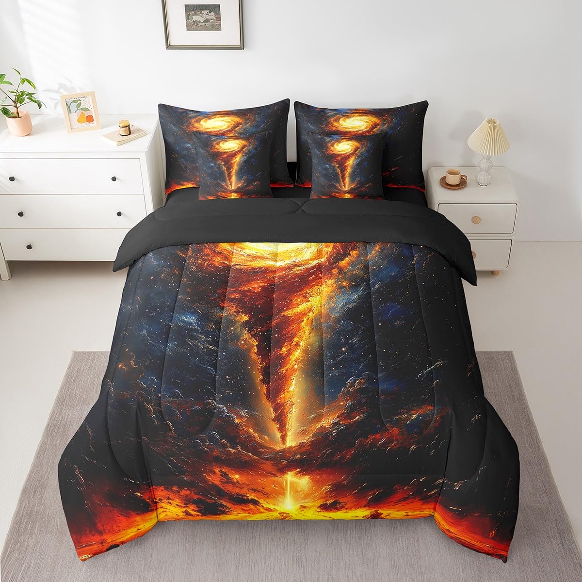 Erosebridal Tornado Comforter Set Queen,Dreamy Golden Nebula Bed in a Bag for Kids Boys Teens,Lava of Volcano Bedding Set 7Pcs,Starry Sky Galaxy Stars Quilt