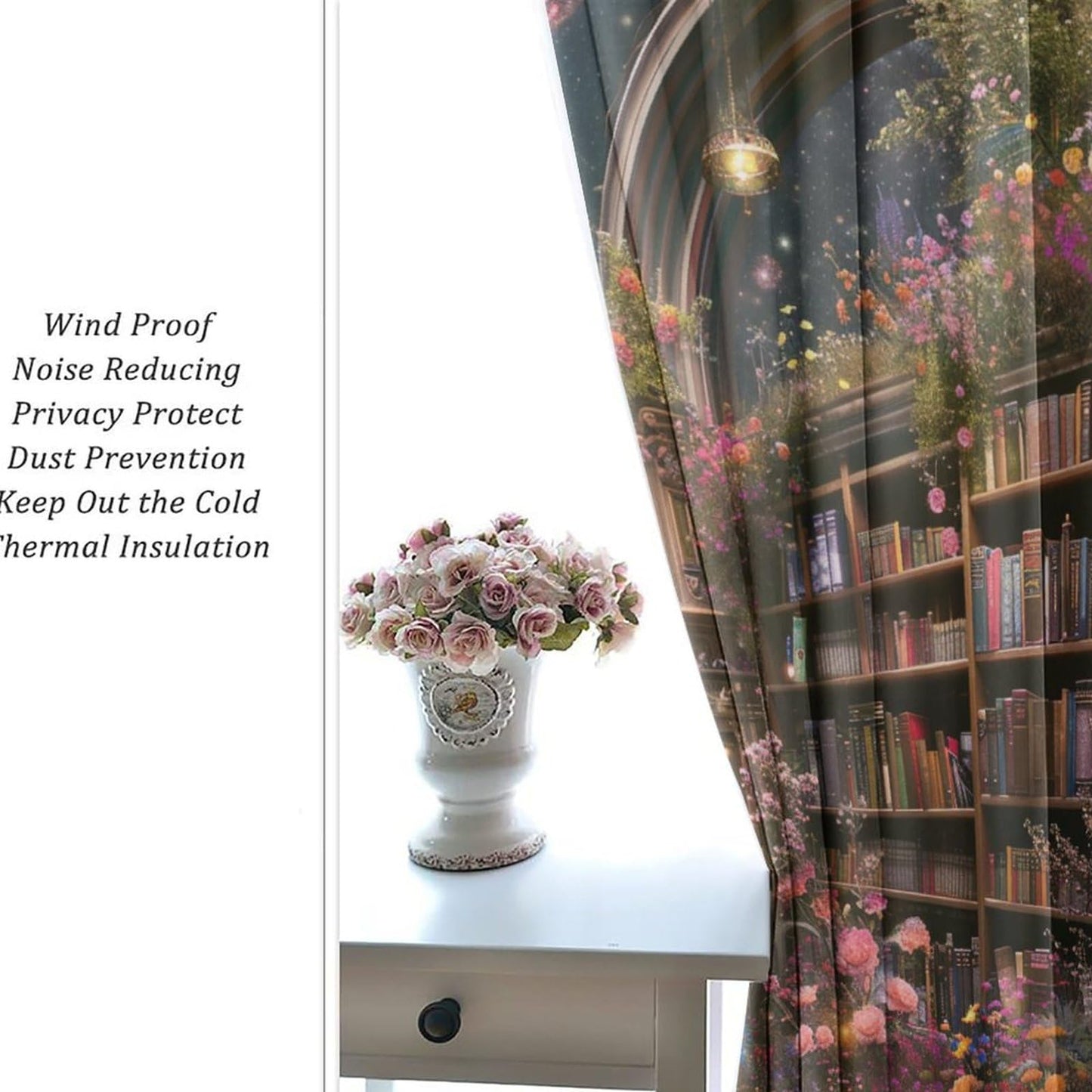 HDESDIS Floral Bookshelf Blackout Curtains for Bedroom Living Room, Colorful Star Galaxy Library Thermal Insulated Curtains Window Drapes with Grommet, 21W x 45L, 2 Panels