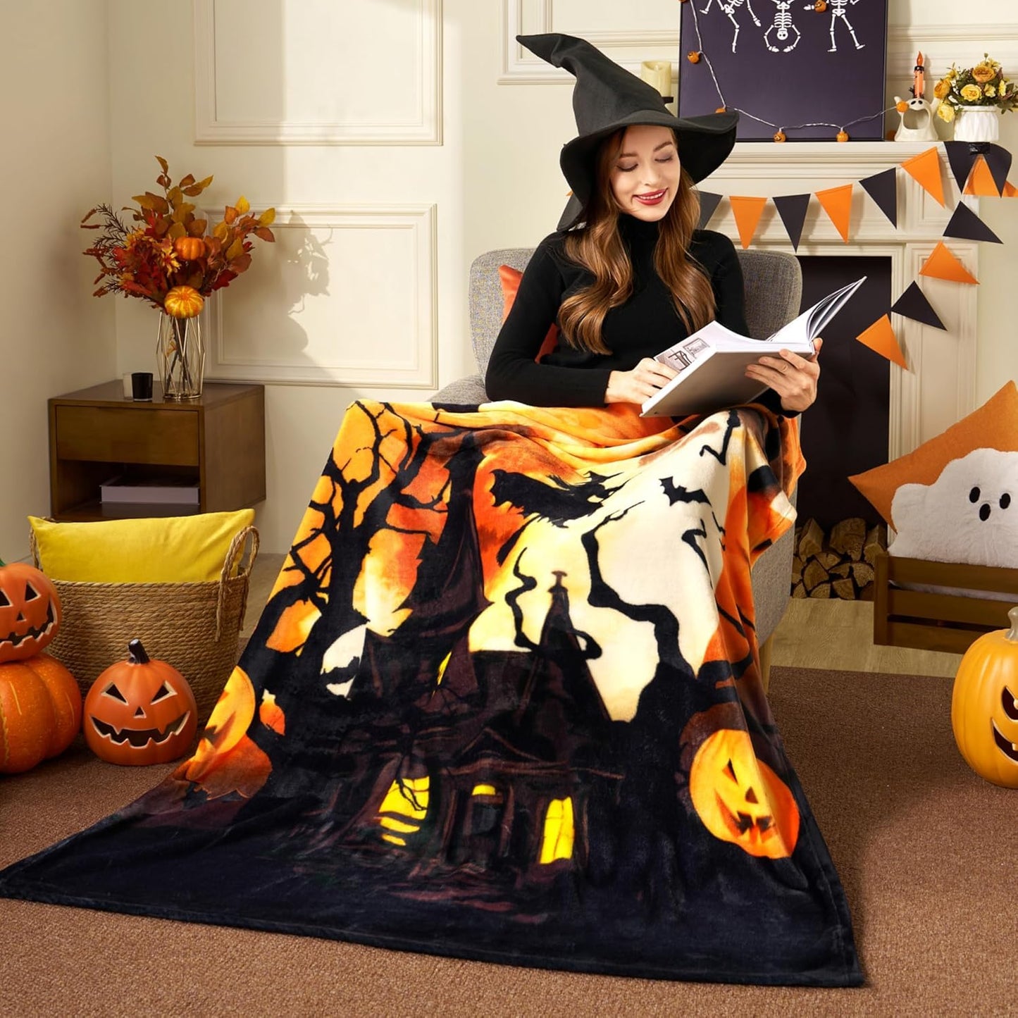 Halloween Throw Blanket Halloween Horror Witch Pumpkin Throw Blanket Couch Cozy Flannel Decoration for Party Bed Living Room Decor Gift