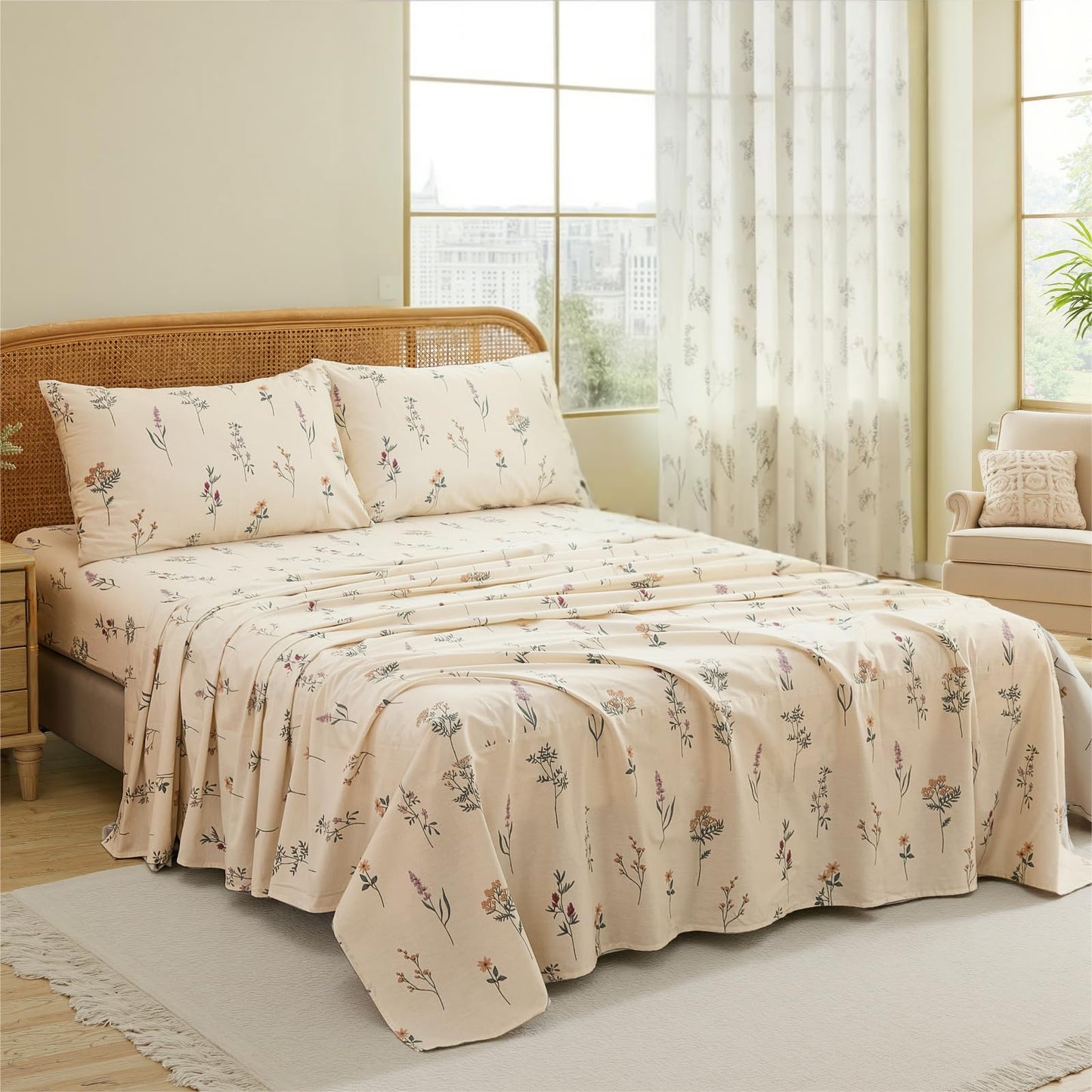 Cozaline Cream Floral Sheets Set Queen Size 100% Cotton, 4 Pieces, Soft & Breathable Percale Weave Bedding, Deep Pocket 17.5", Crisp Cool Feeling, Durable, Perfect Cute Floral Bed Sheet