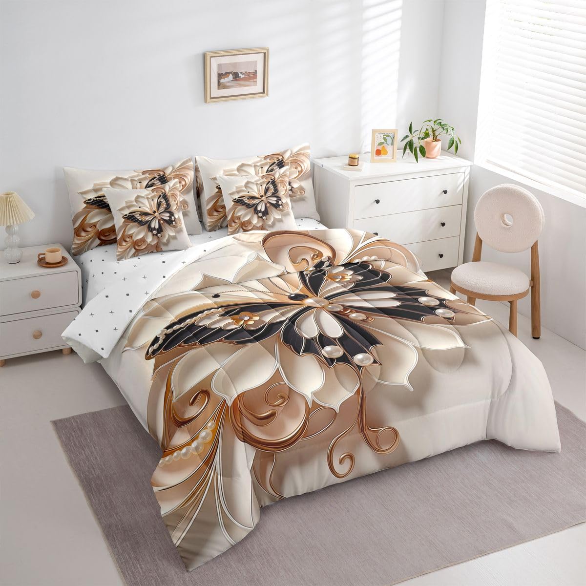 Erosebridal Luxury Butterflies Print 7 Piece Bedding Set Twin Floral Butterfly Print Comforter Set with Sheets Gold Dreamy Bed in a Bag 3D Pearl Flower Bed Sets Comforter