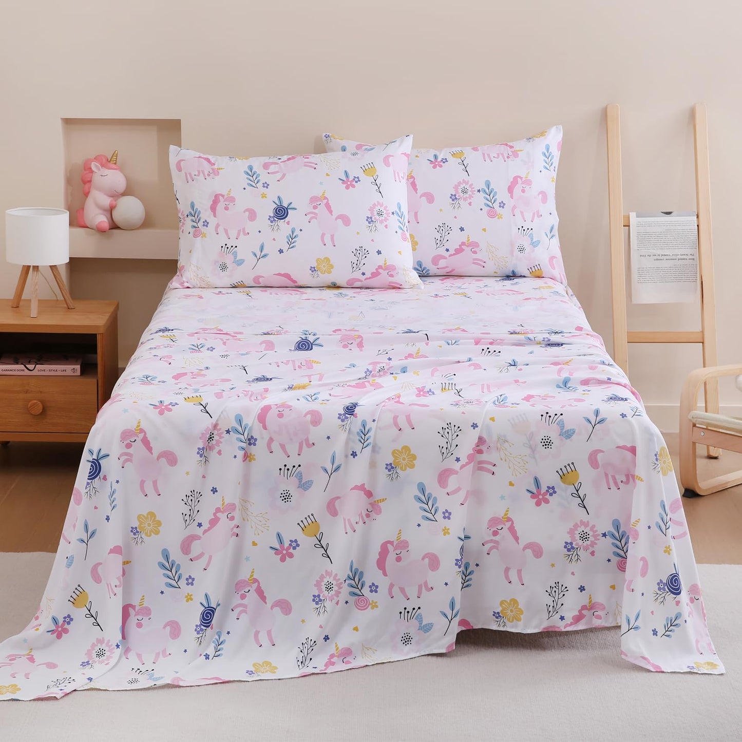 Yibeizi Unicorn Sheet Set for Girls Twin, Kids Boho Floral Print Bedsheets Microfiber Deep Pocket Cute Patterned Bed Sheet & Pillowcase Sets 3 Pieces