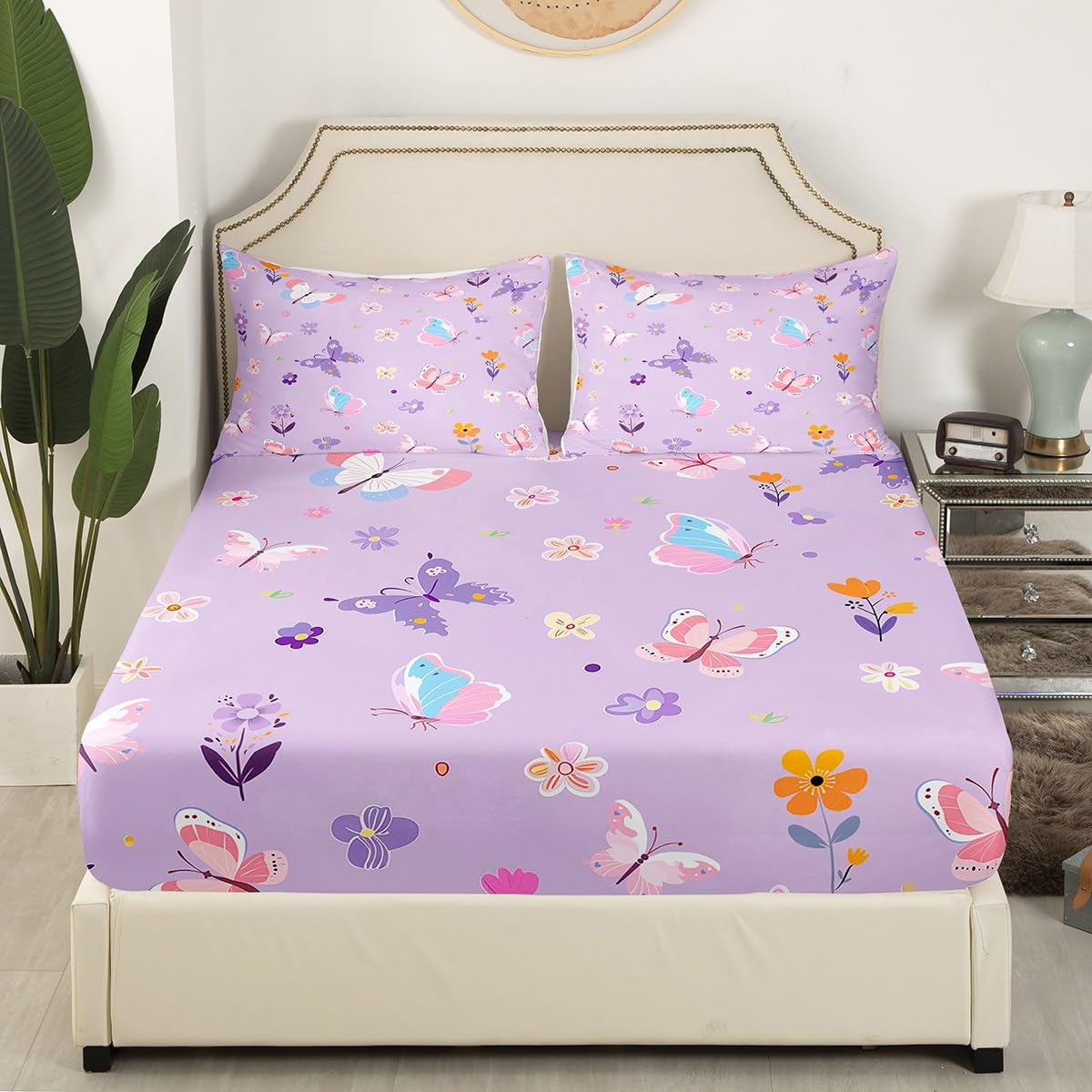 Erosebridal Purple Floral Twin Fitted Sheet,Cute Butterfly Bedding Set for Kids Girls Teen,Coquette Flower Bed Set,Dreamy Flowers Garden Bed Sheets 2Pcs Bedroom Decor (No Flat Sheet)