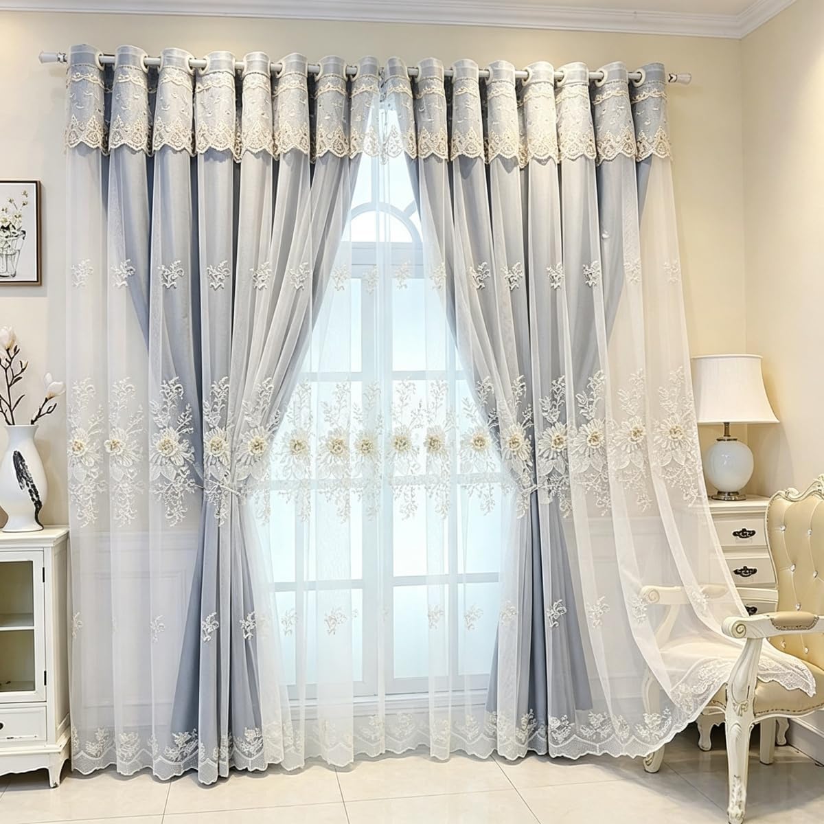 Amidoudou 1 Pair Luxury European Curtains with Valance for Living Room Bedroom Double Layer Embroidered Blackout Curtains (Dark Blue,51x96 Inch)