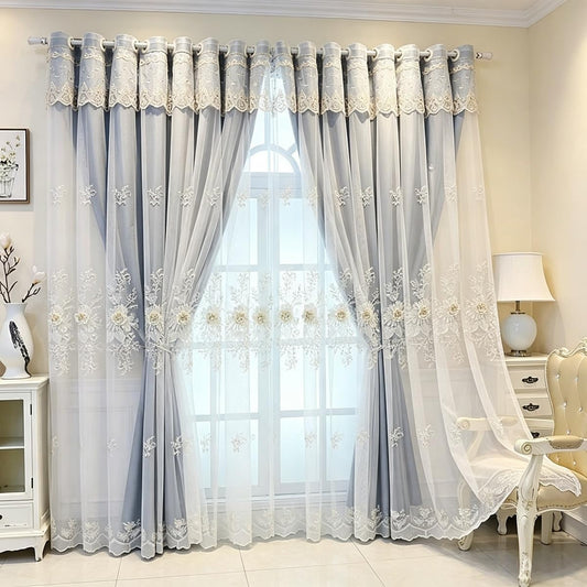 Amidoudou 1 Pair Luxury European Curtains with Valance for Living Room Bedroom Double Layer Embroidered Blackout Curtains (Dark Blue,51x96 Inch)