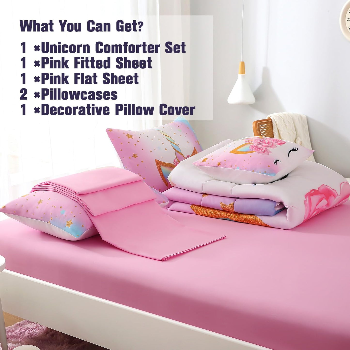 Keyroal 6Pcs Twin Comforter Set with Sheet,Unicorn Flower Bedding Set for Kids,Pink Rainbow Bed in a Bag Bedding for Girls-Smile Unicorn