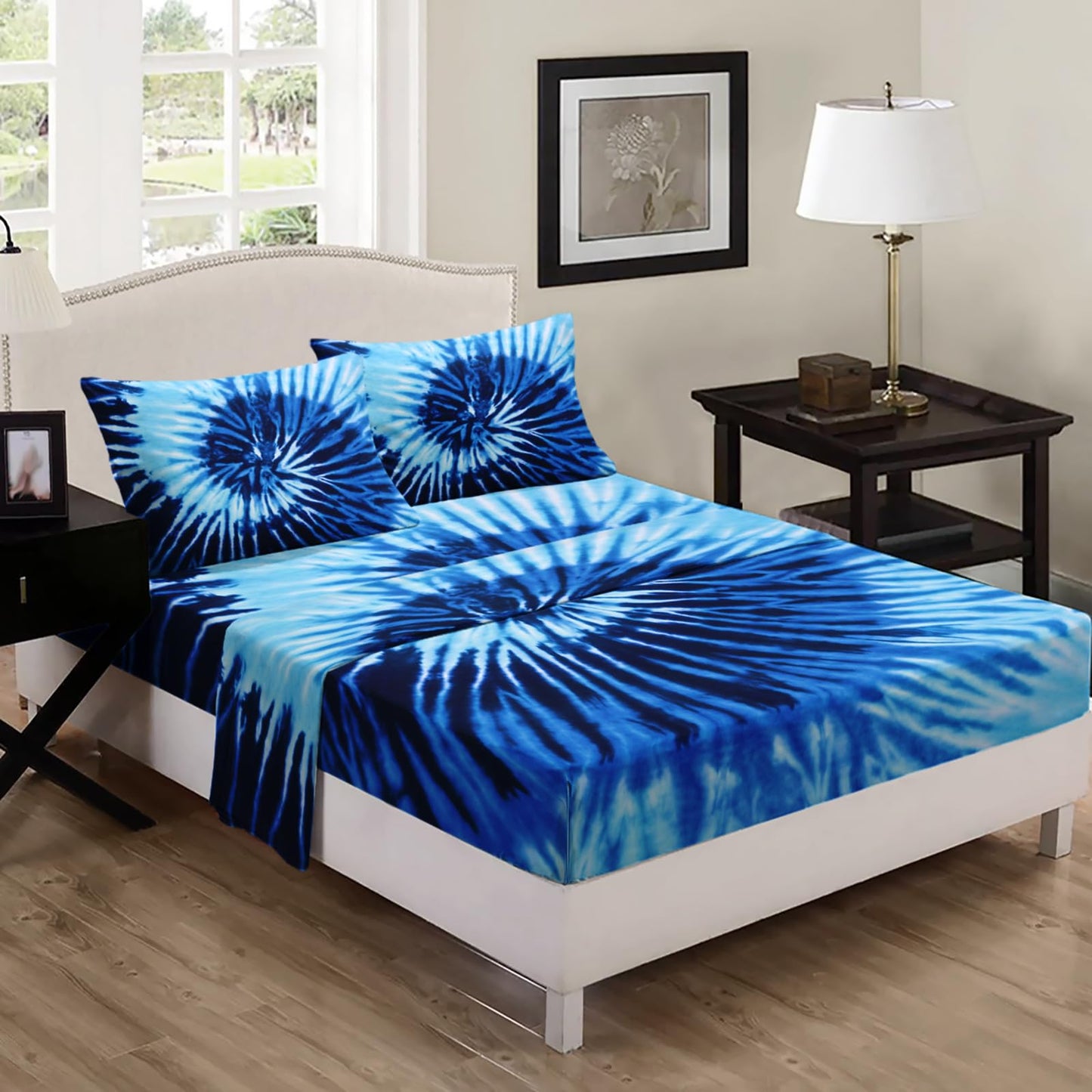 Nttopship Blue Tie-dye 4 Pieces Bed Sheet Sets Full Size Abstract Modern Art Bedding Sets with 16" Deep Pockets Graffiti Bedroom Decor,Bedding Set 4 PCS(1 Fitted+1 Flat+2 Pillowcases)