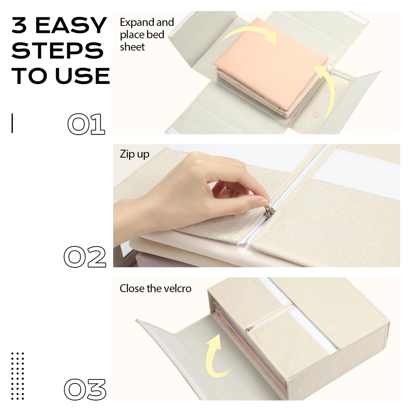 Yecaye 4 Pack Bed Sheet Organizer, Foldable Linen Closet Organizers and Storage (Queen & King Size) with Window & Label, Bedding Storage Box for Bedsheets, Duvet Covers and Pillow, Beige