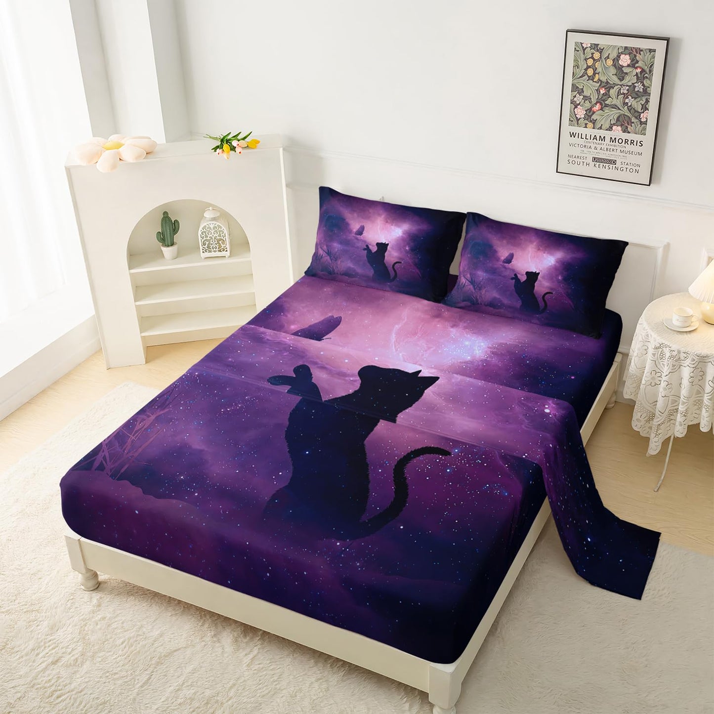 QOOMO Galaxy Cat Sheet Set,Butterfly Kids Bed Sheets,Universe 16" Deep Pocket Bed Sheet Set for Boys/Girls/Kids/Teens，4 Piece Sheet Set, 1 Fitted Sheet,1 Flat Sheet and 2 Pillowcases，Twin Size