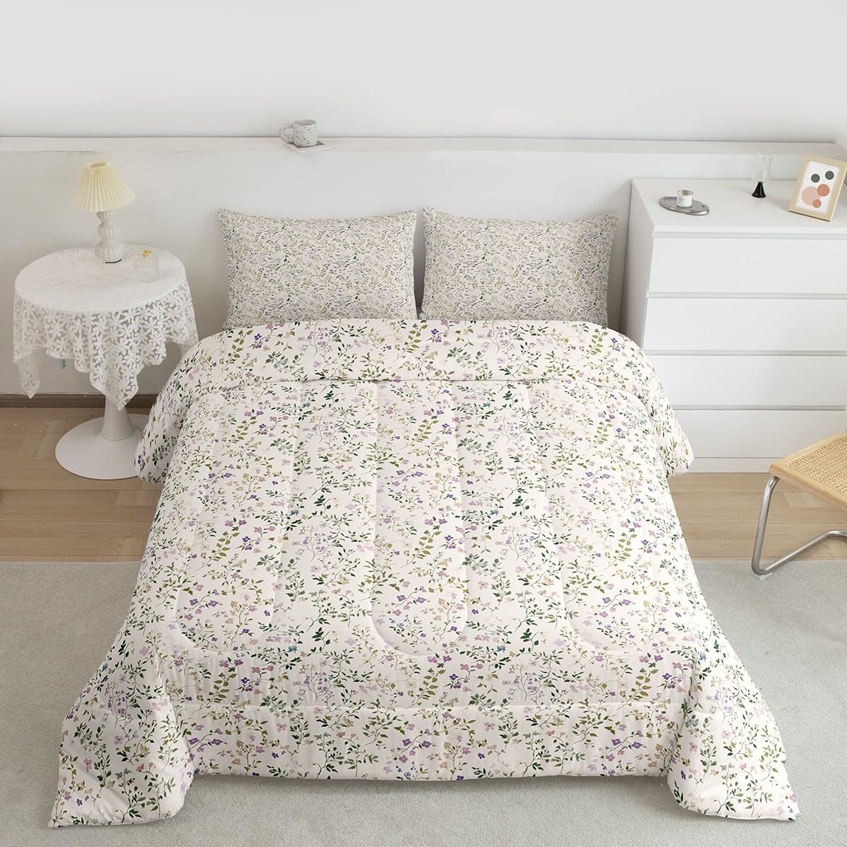 Feelyou Floral Comforter Set All Season Plant Bedding Set with 2 Pillow Cases Farmhouse Garden Microfiber Kids Full Bedclothes Cute Bedroom Decor White Beige Duvet Quilt Breathable Soft Lightweight
