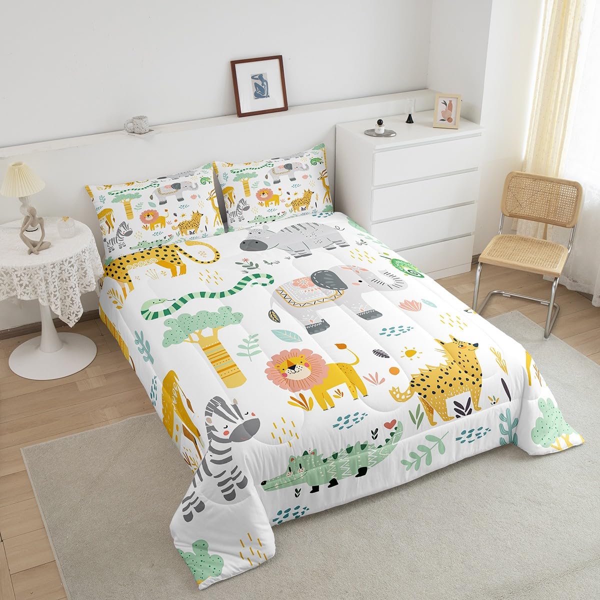 Feelyou Cartoon Animals Bedding Set Zoo Animal Comforter Set Wildlife Comforter for Women Men Room Decor Cute Lion Zebra Elephant Duvet Set King Size with 2 Pillow Case