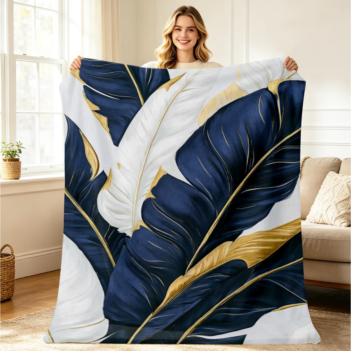 HUNXIAOJ Tropical Blankets and Throws Tropical Plant Blanket for Couch Bed Room Home Decor Tropic Leaf Throws Blue Gold Botanical Decor Flannel Gifts for Women Adults Kids 49"x59"