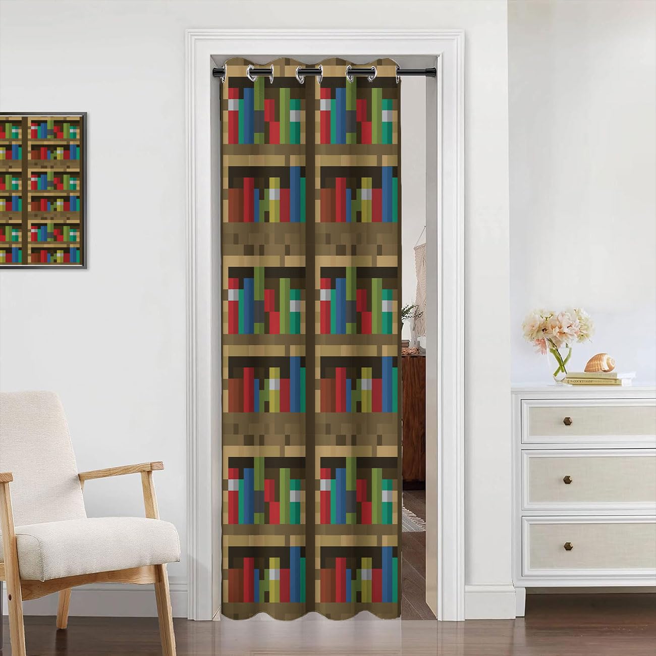 Wuminmin Pixelated Bookshelf Curtain, Educational Bookcase Pixel Art Video Game Closet Cover Curtain for Darkening Door Drape for Kids Teens Boys, 1 Panel 34" W x 80" L