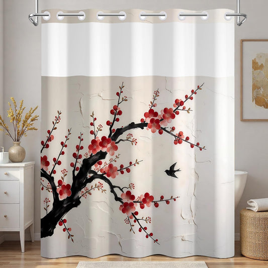 Xiazhilaio Plum Blossom Shower Curtain with Snap in Liner, 71x74 Inch