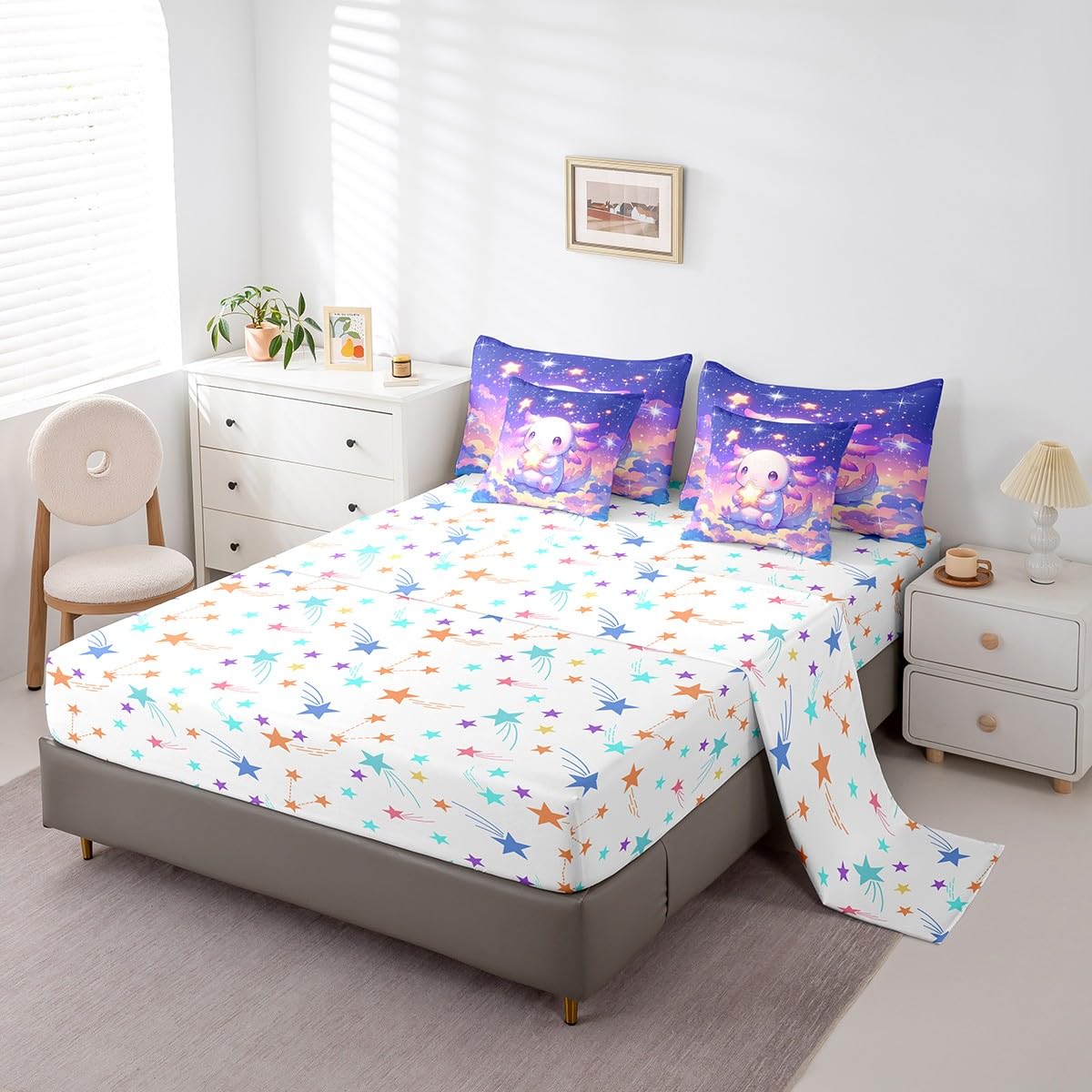 Feelyou Kids Cute Axolotl Bed in A Bag Twin Size, Galaxy 7 Pieces Bedding Set Boys Girls Cartoon Salamander Comforter Set with Sheets Kawaii Animal Teens Bed Set Bedroom Decor 7Pcs