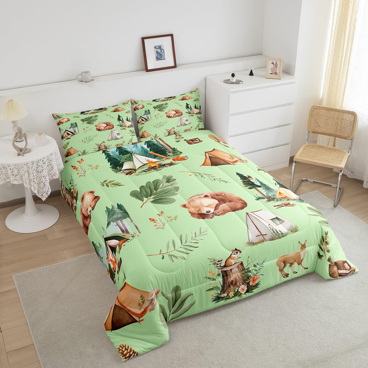 Camper Tent Comforter Set Queen Size Camping and Hunting Adventure Bedding Set,Bear Deer Squirrel Pine Tree Print Quilt Set Girls Boys Adults Room Decor,Wild Animals Plants Duvet Insert,2 Pillowcases