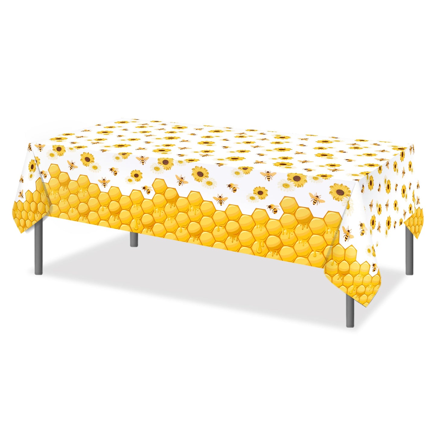 CC HOME 1Pc Bees Party Plastic Tablecloth 54 x 87 Inch Long Table Cover, Honey Sunflower Honeycomb Daisy Party Tablecover for Bee Kids Baby Shower Birthday Dinner Picnic Kitchen Event