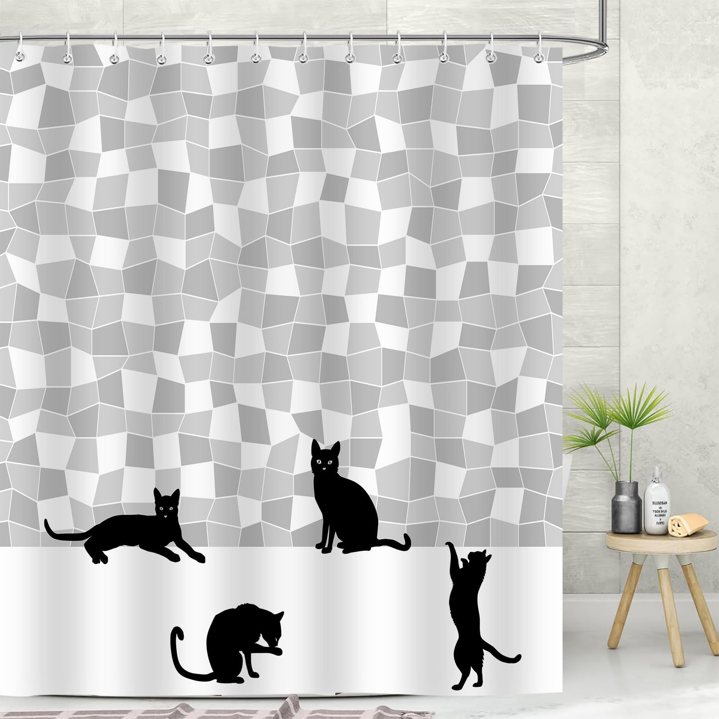 Emwnodti Funny Shower Curtain Set, Cute Black Cat Gray White Mosaic Bath Curtain, Fun Silhouette Shower Curtain Polyester Fabric Waterproof Durable, 12 Hooks 72x72 inch