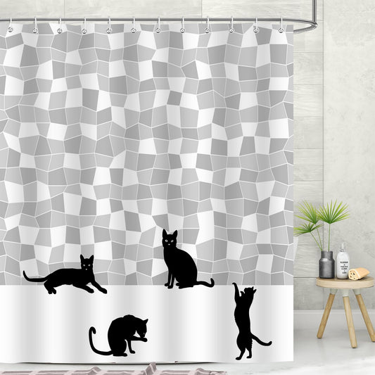 Emwnodti Funny Shower Curtain Set, Cute Black Cat Gray White Mosaic Bath Curtain, Fun Silhouette Shower Curtain Polyester Fabric Waterproof Durable, 12 Hooks 72x72 inch