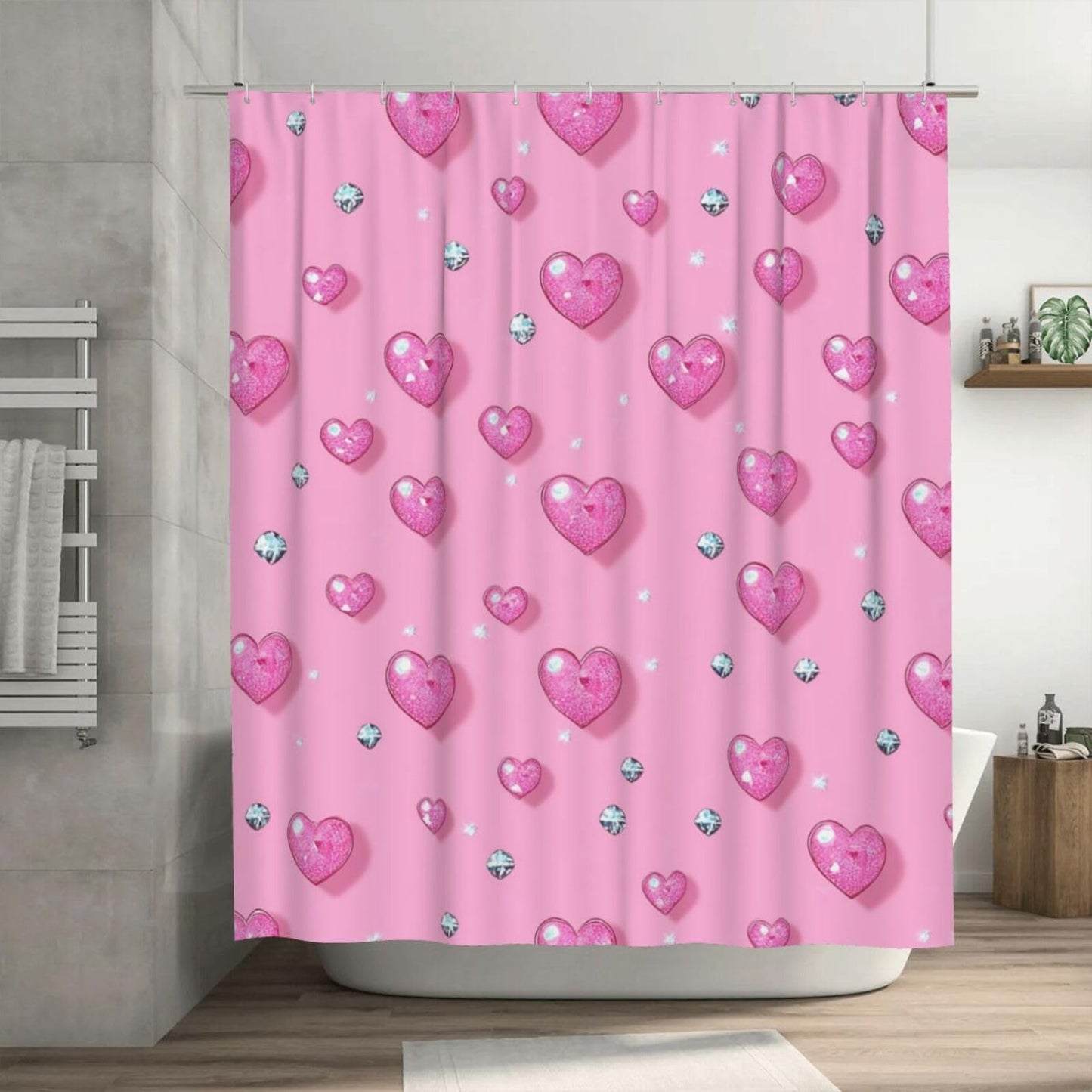 HSYOYO Pink Hearts Diamonds Shower Curtains for Bathroom Waterproof Shower Curtain Set with 12 Plastic Hooks Washable Bathroom Curtain Modern Bathroom Decor 72" W x 72" L