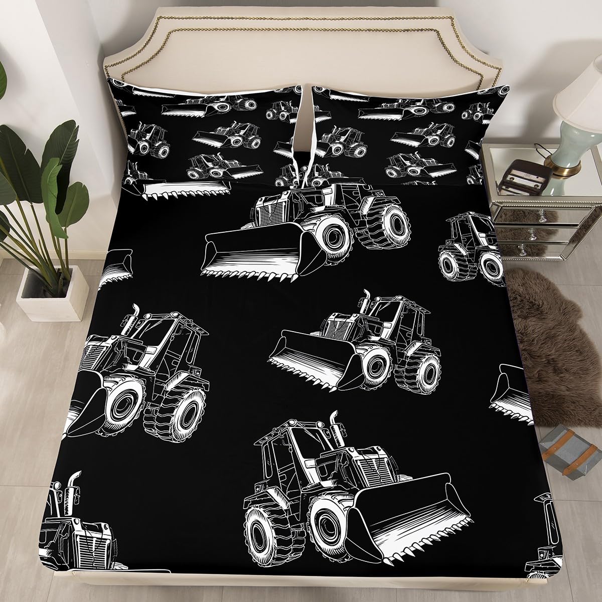 Erosebridal Boys Cartoon Car Fitted Sheet Twin Size, Excavator Bedding Set-Deep Pocket for Kids Girls Children Bedroom, Construction Vehicle Bed Sheet Dump Truck Bed Sets with 1 Pillow Case, Black